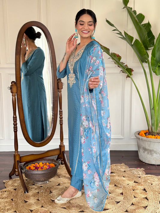 Sky blue Color Viscoz Rayon Casual Kurti Pant Set