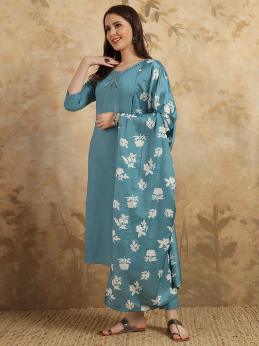 Beautiful Sky Blue Color Viscose Chanderi Kurtis Pant Set