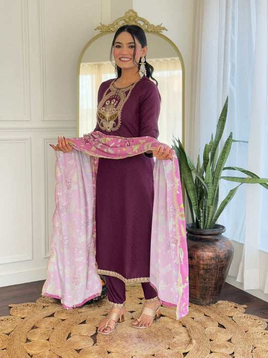 Beautiful Wine Color Viscose Rayon Fabric Kurtis Pant Set