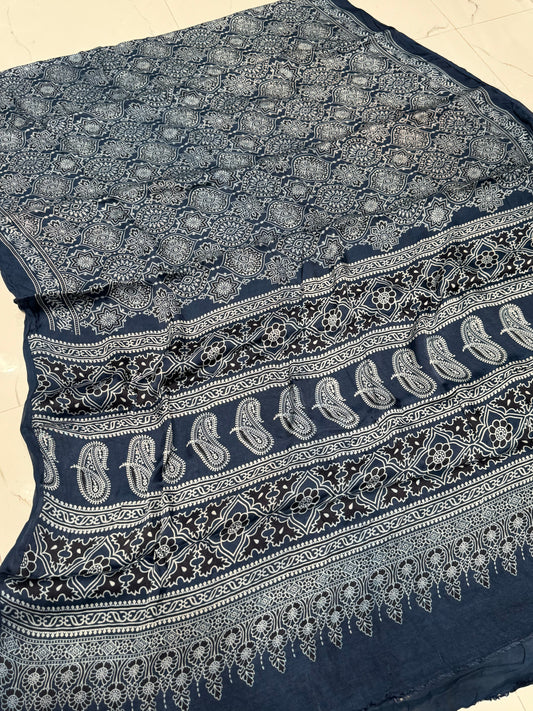 Indigo Blue Ajrakh Hand Block Modal Silk Saree With Fancy Ajrakh Pallu