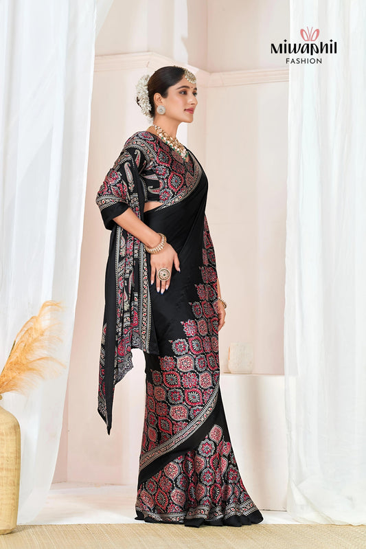 Black Ajrakh Printed Modal Silk Plain Saree With Ajrakh Blouse P6