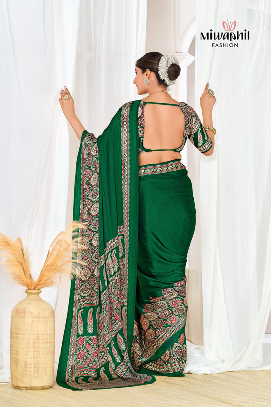 Green Ajrakh Printed Modal Silk Plain Saree With Ajrakh Blouse P6