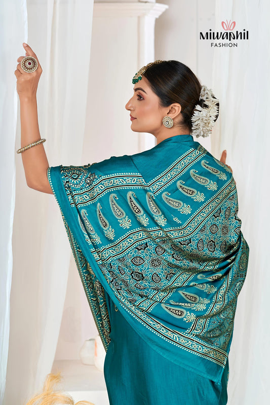 Rama Ajrakh Printed Modal Silk Plain Saree With Ajrakh Blouse P6