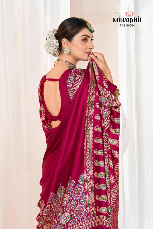 Rani Ajrakh Printed Modal Silk Plain Saree With Ajrakh Blouse P6