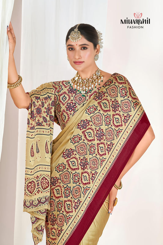 Cream Ajrakh Printed Modal Silk Plain Saree With Ajrakh Blouse P6