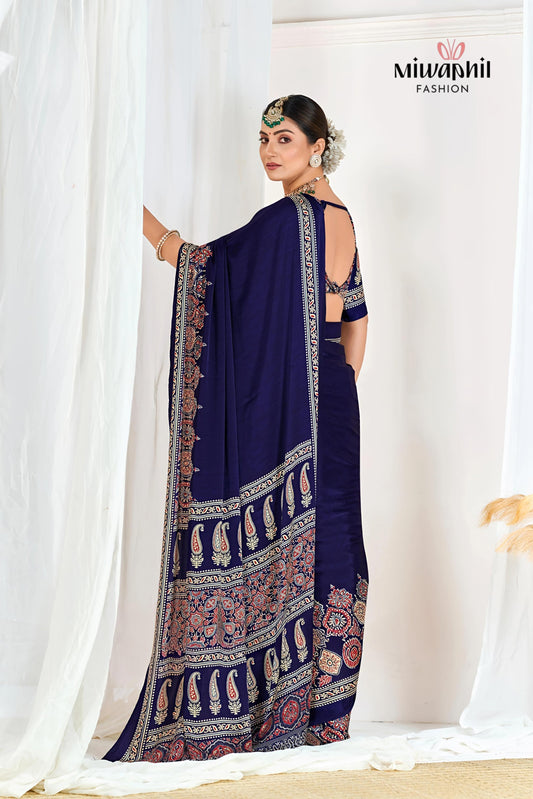 Blue Ajrakh Printed Modal Silk Plain Saree With Ajrakh Blouse P6
