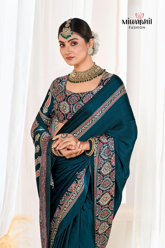 Indigo Morpich Ajrakh Printed Modal Silk Plain Saree With Ajrakh Blouse P6