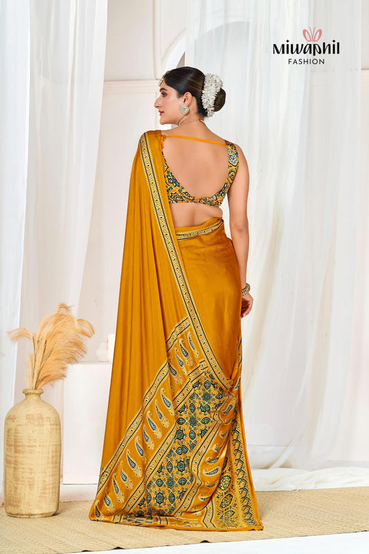 Yellow Ajrakh Printed Modal Silk Plain Saree With Ajrakh Blouse P6
