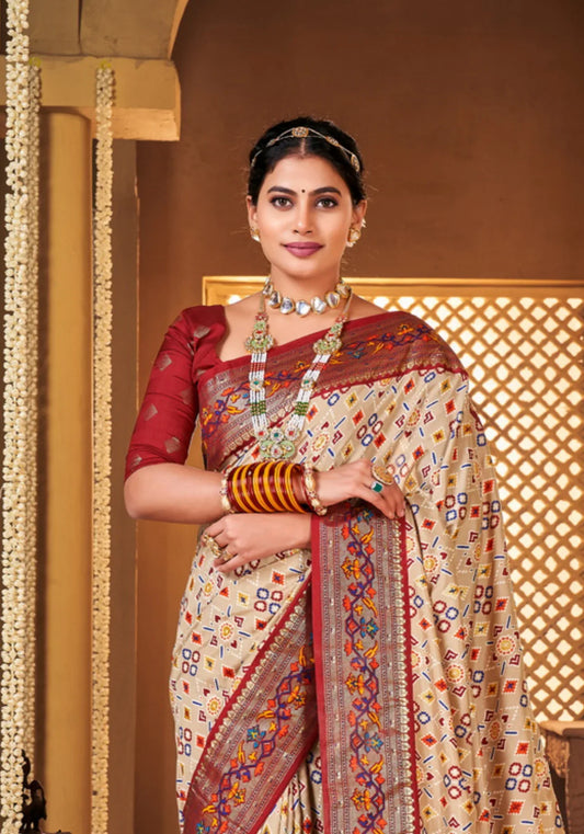 Cream Color Soft Dola Silk Paithani Patola Saree SBS5