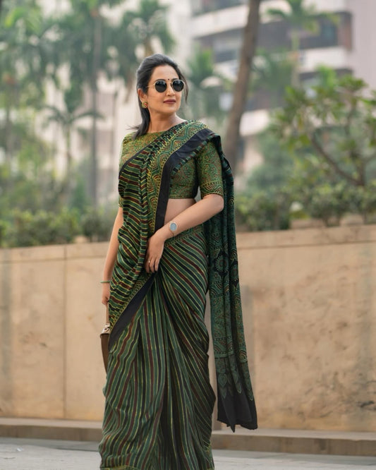Green Line Ajrakh Primum Modal Silk Saree With Blouse