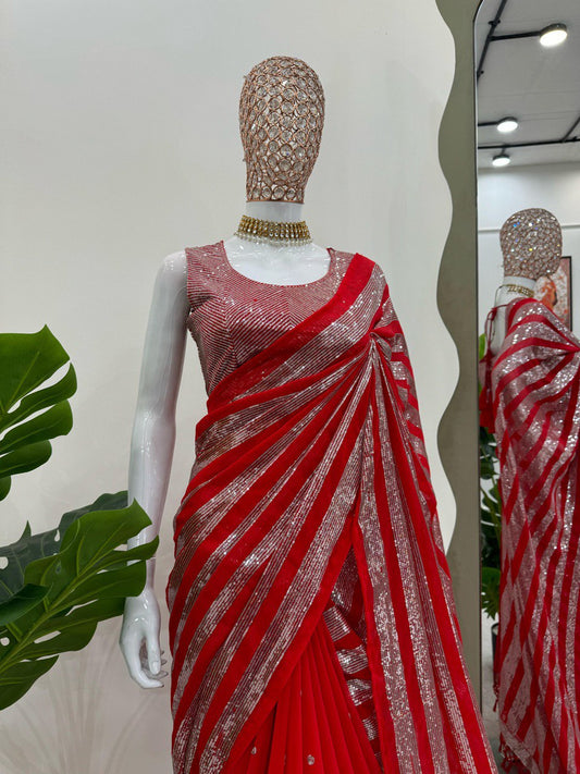 Blue Beautiful Designer Saree on Faux Georgette  Fabric with Thread & Sequence Work