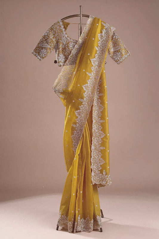 Yellow Beautiful Designer Saree on Heavy Tabby Silk Fabric with Thread & Sequence work