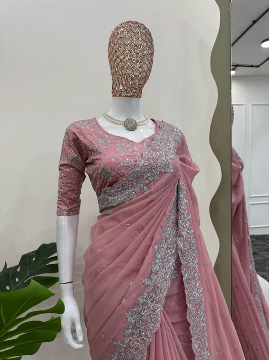 Pink Beautiful Designer Saree on Heavy Tabby Silk Fabric with Thread & Sequence work