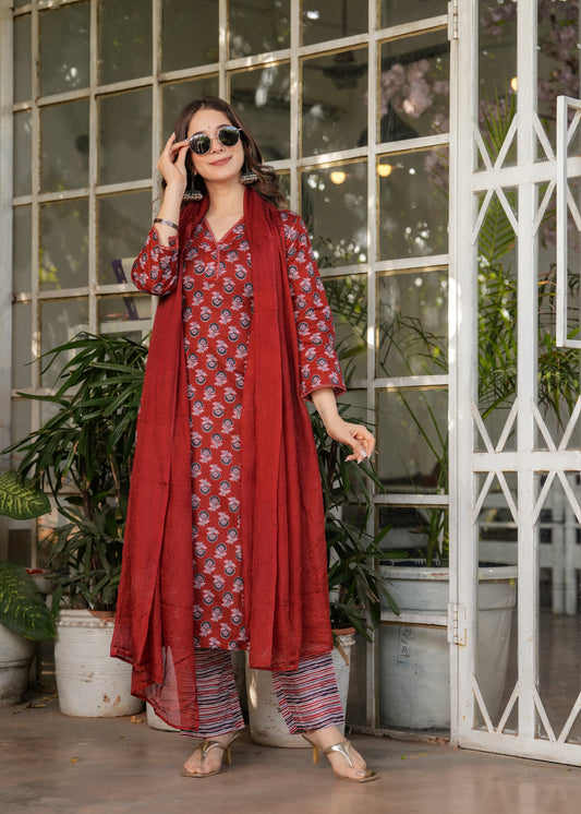 Beautiful Red Pure Cotton Fabric Kurtis Pant Set