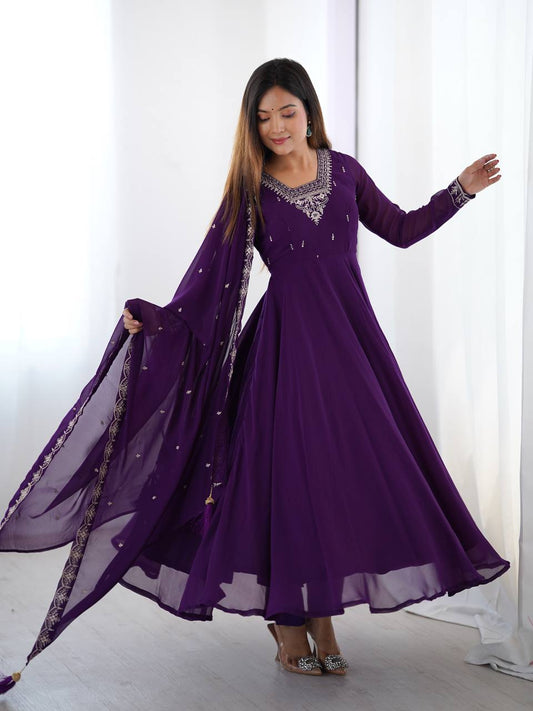 Purple Pure Soft Fox Georgette Fabric Fully Flair Anarkali Salwar Suit