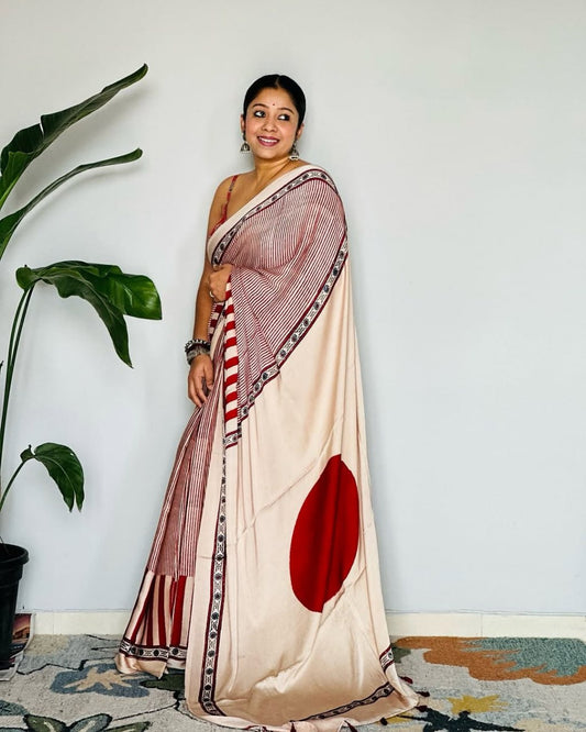 Red Cream Ajrakh Primum Modal Silk Saree With Blouse