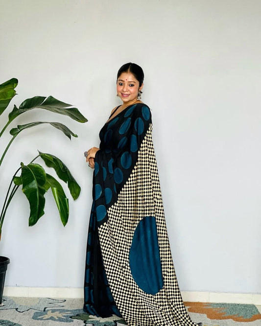 Blue Black Line Ajrakh Primum Modal Silk Saree With Blouse