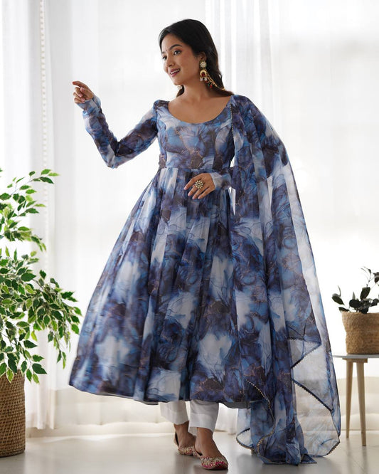 Navy Blue Heavy Pure Soft Organza Silk Marble Print Salwar Suit