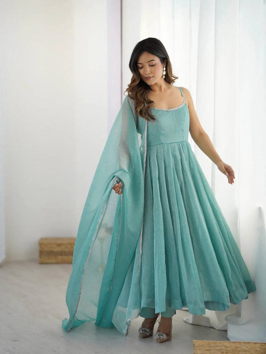 Aqua blue designer party wear crunchy silk anarkali suit with swarovski work, pants & dupatta stitched