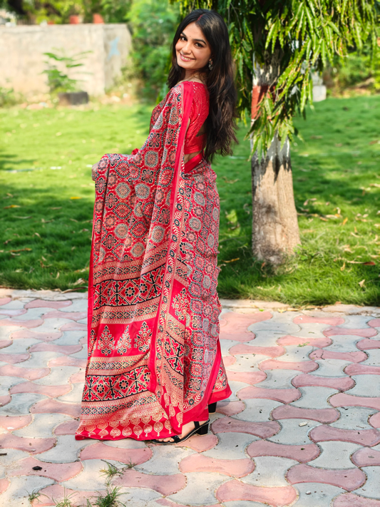 Red Ajrakh Printed Soft Modal Silk Natural Print Saree P2
