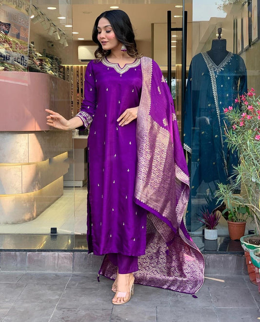 Purple Color Embroidered Work Kurti Set
