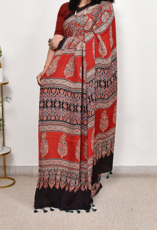 Red Ajrakh Printed Soft Gaji Silk Natural Print Saree