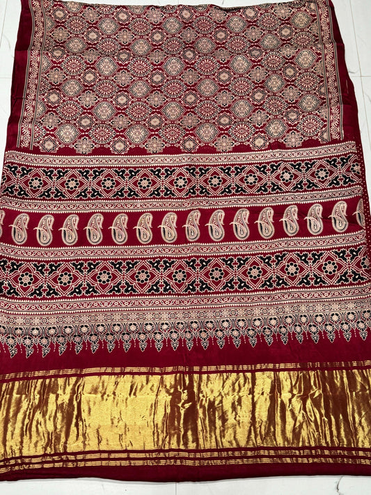 Maroon Ajrakh Hand Block Modal Silk Saree With Zari Pallu A2