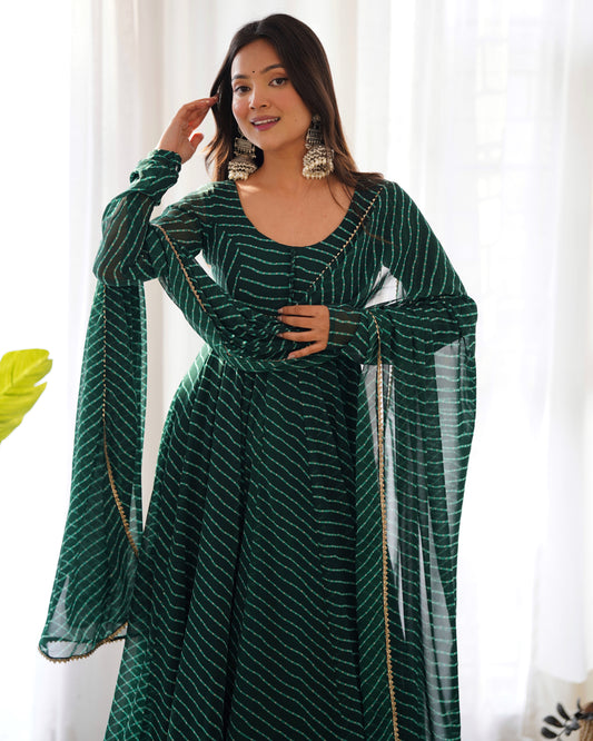 Bottle Green Pure Fox Georgette Laheriya Print Fabric Fully Flair Anarkali Duppta With Pent
