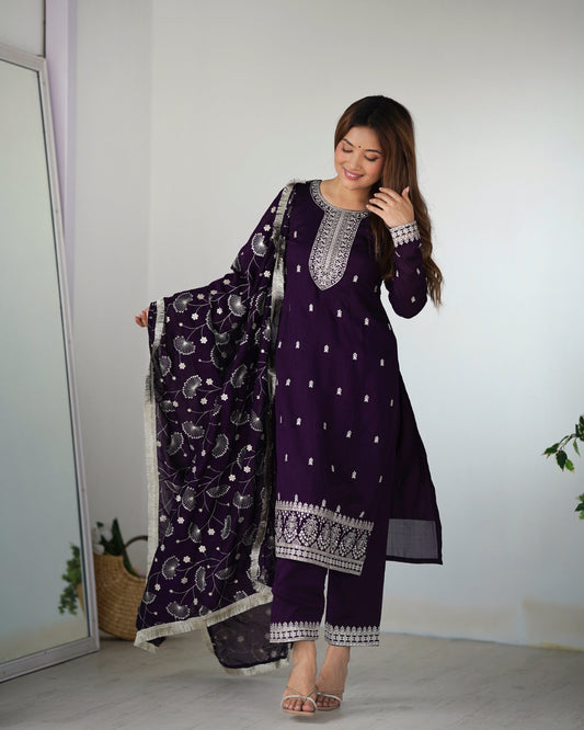 Purple New Beautiful Pure Bllooming Vichitra Silk Fabric Straight Fit Salwar Suiit