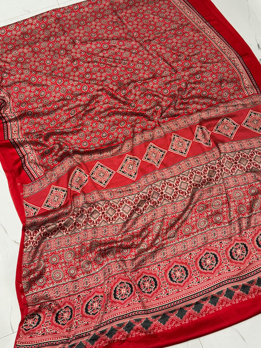 Red Ajrakh Printed Soft Modal Silk Natural Print Saree P1