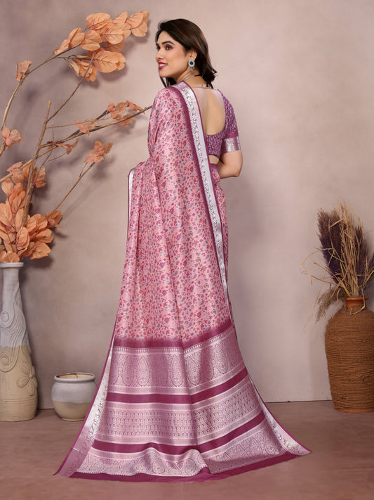 Designer Beautiful Blue Color Khadi Vichitra Pashmina Digital Print With Jacquard Rich Pallu Border Weaving Work