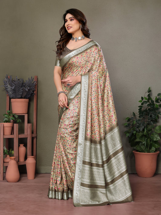 Designer Beautiful Blue Color Khadi Vichitra Pashmina Digital Print With Jacquard Rich Pallu Border Weaving Work