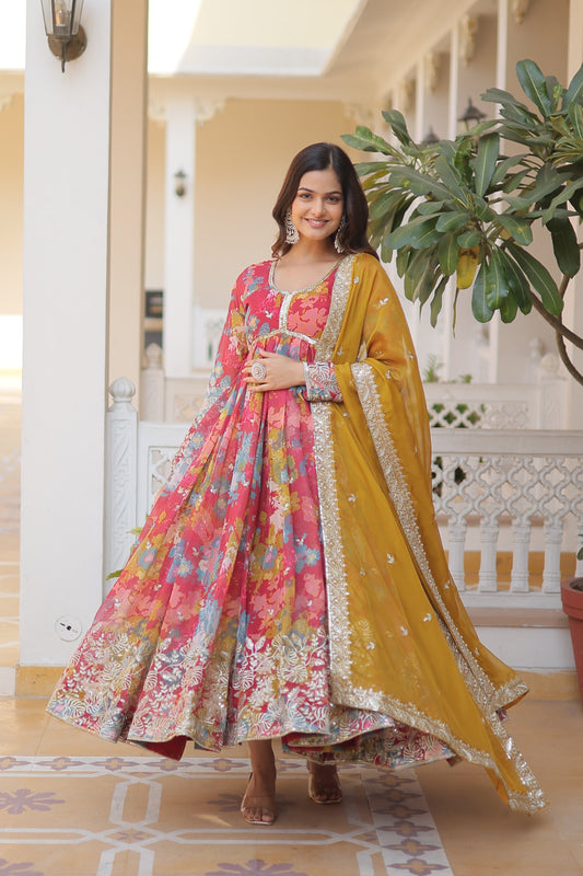 Wedding Wear Floral Embroidered Red Color Alia Cut Gown With Dupatta