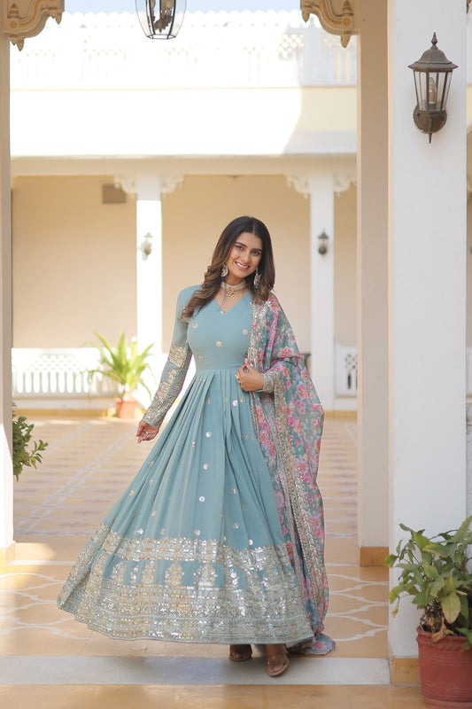 Faux Georgette Designer Sky Color Wedding Gown With Dupatta