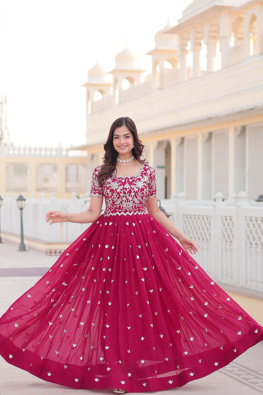 Pink Faux Georgette With Floral Embroidered Sequins Anarkali Gown Party Wear