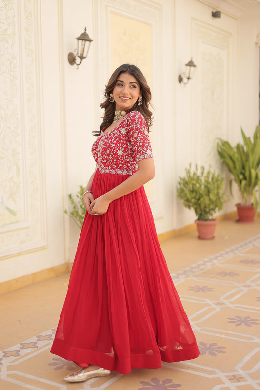 Red colour faux georgette trending heavy work fully stitched gown