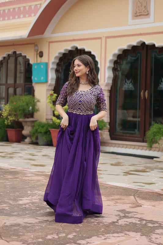 Purple Luxury Faux Blooming Designer Gown with Zari & Sequins Embroidery