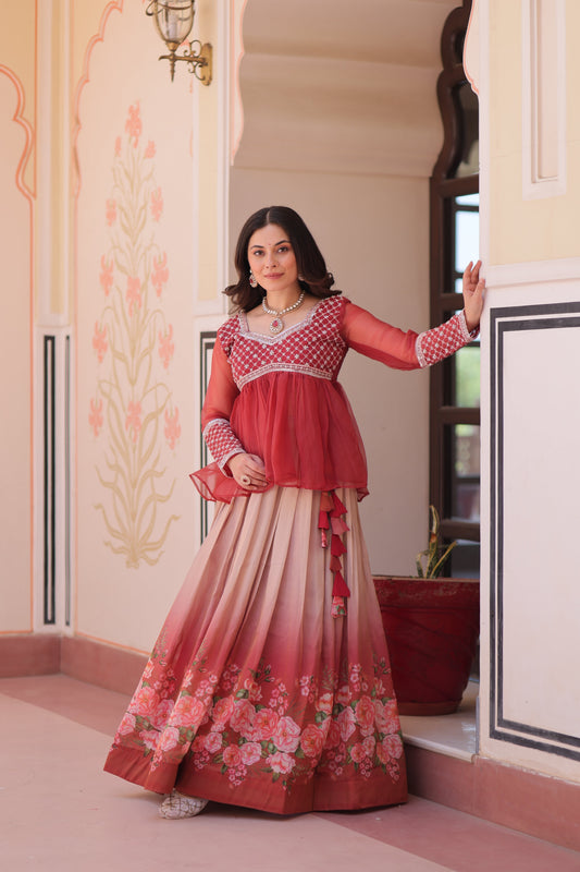 Gajri Elegant Floral Cosmos Print Lehenga Set with Embroidered Peplum Top