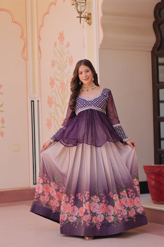 Purple Elegant Floral Cosmos Print Lehenga Set with Embroidered Peplum Top
