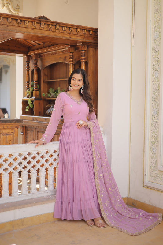 Lavender Coloured Faux Georgette with Embroidered work Gown With Dupatta
