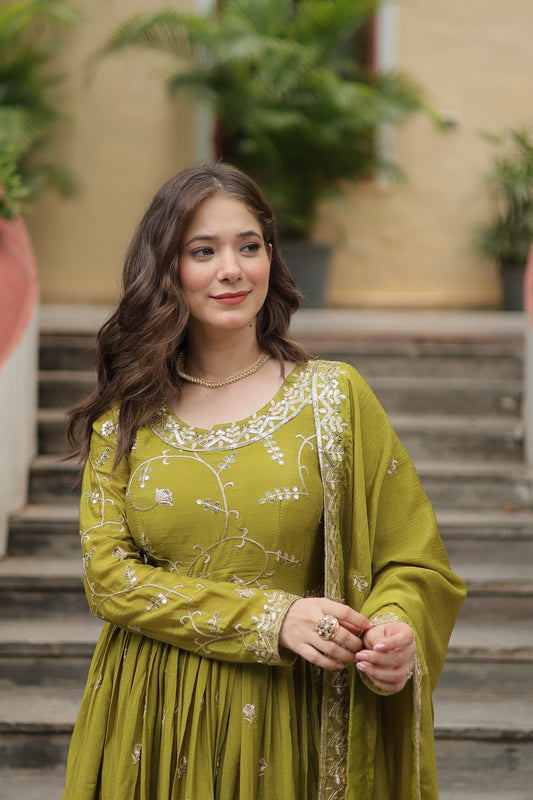 Parrot Green Designer Readymade Top-Sharara-Dupatta Sequins Embroidered Chinon Suit