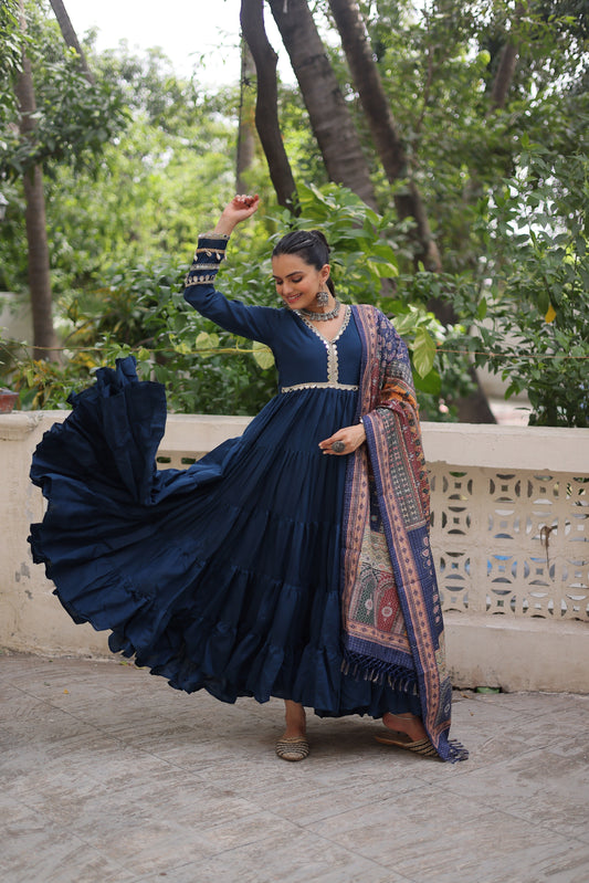 Spectacular Blue Border Work Rayon Festival Wear Gown With Dupatta