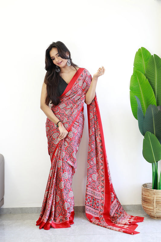 Redish Maroon Ajrakh Printed Soft Modal Silk Natural Print Saree