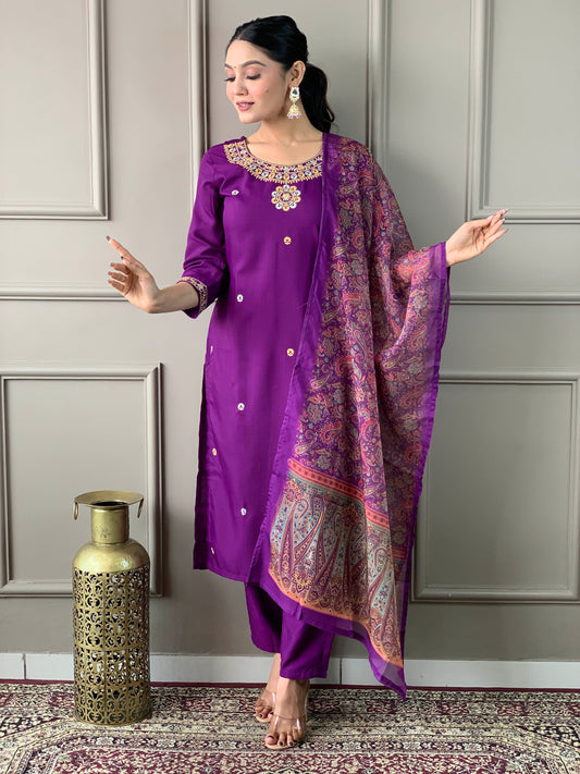 Purple Color Rayon Slub designer Kurti Pant Set