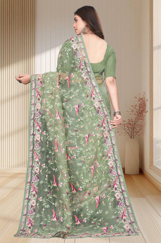 Tissue Organza With Beautiful Multi Embroidery C-Pallu Work