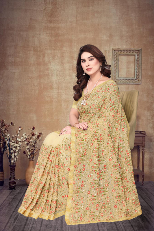 Heavy Fox Georgette With Multi + Zari Embroidery &amp; 3.MM Sequence In Pallu_Skirt Work Saree And Readymade Embroidery Lace Work