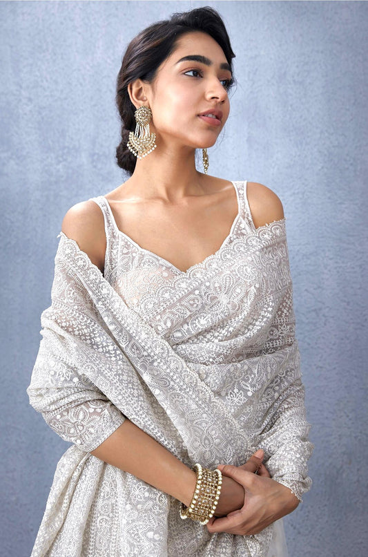 Khadi Organza With Beautiful Multi Embroidery C Pallu Cutwork