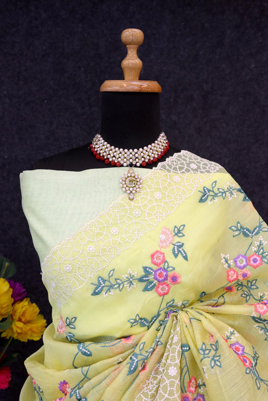 Khadi Organza With Beautiful Multi Embroidery C-Pallu Cutwork