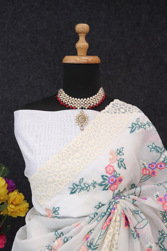 Khadi Organza With Beautiful Multi Embroidery C-Pallu Cutwork