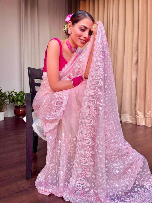 Khadi Organza With Beautiful Multi + 7 M.M Sequence Embroidery Work And C Pallu Cutwork